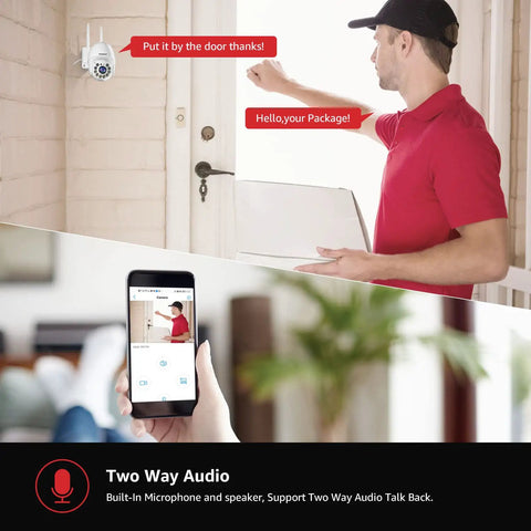 Person speaking through phone using Outdoor 2K Security Camera Wireless WiFi IP System With 360 Degree View Motion Detection Auto Tracking.