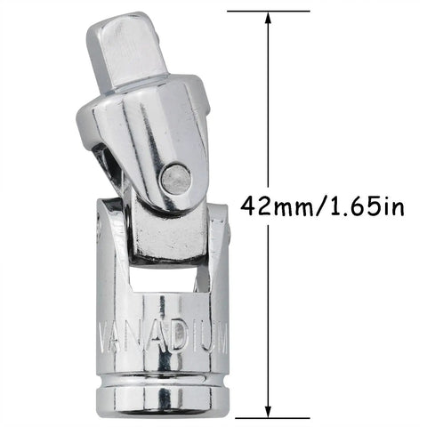 Universal Joint Socket Adapters Two Pack One Quarter Inch Drive Spring Loaded Swivel Chrome Plated Steel Built Tough For Hard To Reach Fasteners And Tight Spaces High Durability Hand Tool Accessory, showing single adapter with 42mm length measurement