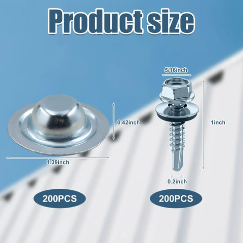 Dimensions of screws and caps from All In One Roof Repair Kit With 200 Self Drilling Metal Roof Screws And 200 Screw Caps Leak Proof Weatherproof Protective Set