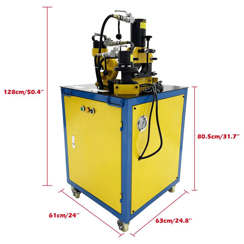 Shop Ready Electric Hydraulic 3 In 1 Angle Iron Processor Delivering Fast Punching Crisp Chamfering And Spot On Cutting with dimensions.