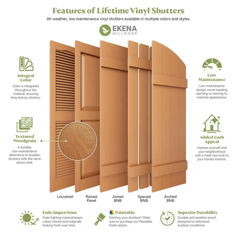 Features of Lifetime Vinyl Shutters including various louvered and paneled designs, textured woodgrain, and durability benefits.