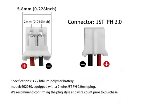 Rechargeable 3.7V 300mAh Lithium Polymer Battery With JST PH2.0mm Connector showing plug dimensions and specifications.