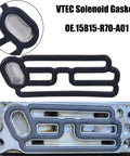 2 Piece VVT Solenoid Gasket Kit For Honda Acura 3.5L VTEC Engines, top view of gasket and installed in engine, 2008-2016 models