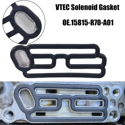 2 Piece VVT Solenoid Gasket Kit For Honda Acura 3.5L VTEC Engines, top view of gasket and installed in engine, 2008-2016 models