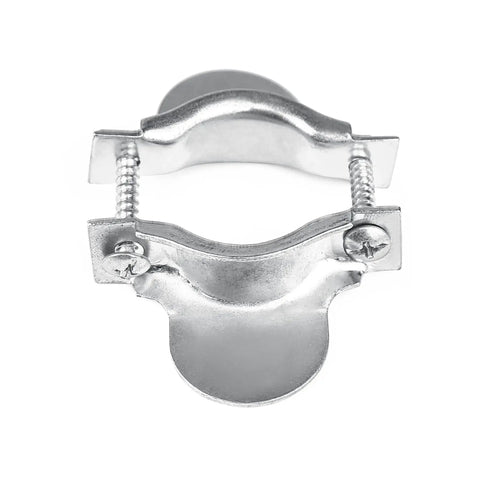 4 Pack Strain Relief Clamp Kit For Dryer Cords That Secures Electrical Connections And Prevents Pulling Sideways Movement And Stretching Damage Beefy Heavy Duty Rust Resistant Steel Two Piece Clamp Set close-up of single clamp.