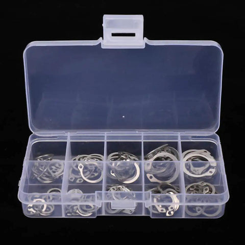 Open box of 304 Stainless Steel Snap Ring Set 100 Pieces C Type Circlips Assortment Kit for mechanical and auto projects