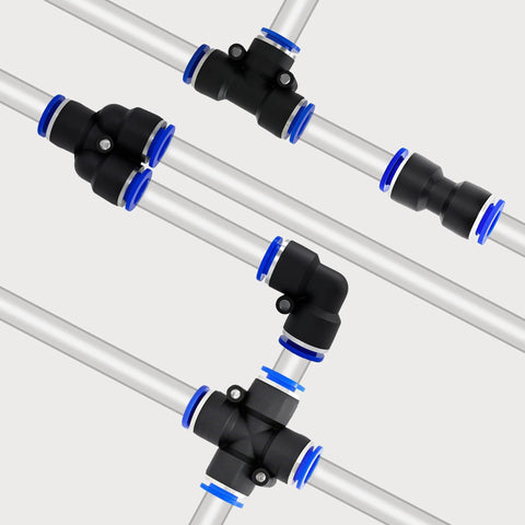 Brintek push-to-connect pneumatic fittings for 4–12 mm air line on aluminum tubes with black bodies and blue seals