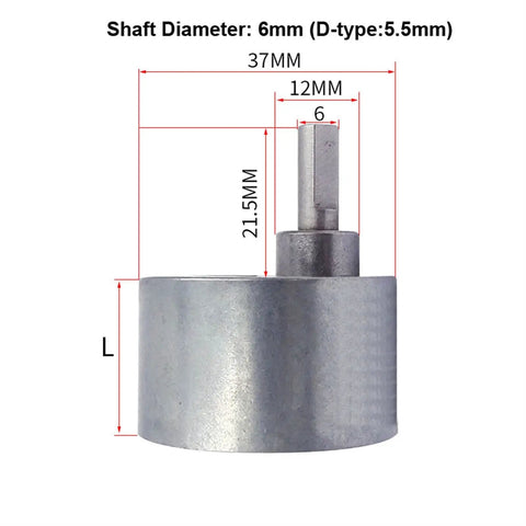 Rock Solid 37Mm Worm Gear Motor Speed Reducer with high efficiency metal gearbox dimensions showing 6mm shaft and 37mm size.