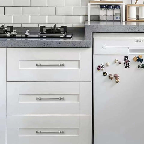 2 Pack 4 Inch Hole Center Brushed Satin Nickel Cabinet Pulls on white kitchen drawers
