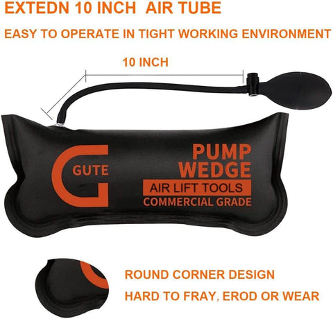 Air Wedge Bag Pump Kit, 3 Pack With 330 Lb Rating, showing a 10-inch inflatable pump wedge tool with orange text and extended air tube.