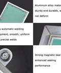 Heavy Duty Aluminum Drywall Access Panel With Flush Mount Hidden Inspection Door, Seamless Gypsum Cover for Electrical And Plumbing Projects, close-up of aluminum frame and strong magnetic seal.