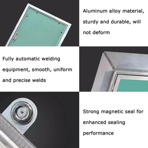 Heavy Duty Aluminum Drywall Access Panel With Flush Mount Hidden Inspection Door, Seamless Gypsum Cover for Electrical And Plumbing Projects, close-up of aluminum frame and strong magnetic seal.