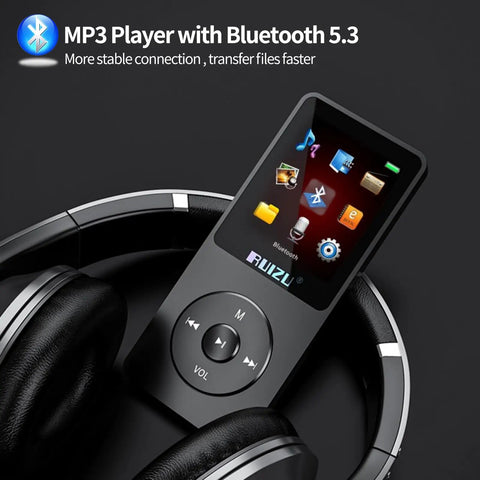 Dope 32GB MP3 Player With Bluetooth 5.3 shown with icons on screen, black headphones around, on dark background.