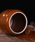 Big Boy Ceramic Rice Jar With Rattle Proof Lid Heavy Duty Porcelain Kitchen Dispenser To Keep Your Grains Coffee Flour And Nuts Fresh Vintage Brown Bulk Pantry Vault showing the inside and lid on a wooden surface.