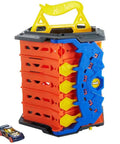 Roll Out Raceway Track Set With Cool Collapsible Design And Built In Storage For Up To Eighty Die Cast Cars And Five Track Pieces Portable Carry Handle Easy Grab And Go Racing Fun For Kids, showing collapsible storage bucket and car
