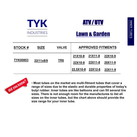 Chart showing fitments for Pair Of Heavy Duty ATV Tire Inner Tubes 22x12-8 21x10-8 22x10-8 With TR6 Metal Valve Stems