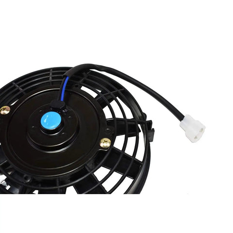 Top view of Universal 8 Inch Radiator Cooling Fan With Reversible Blades, featuring electrical connector for easy installation.