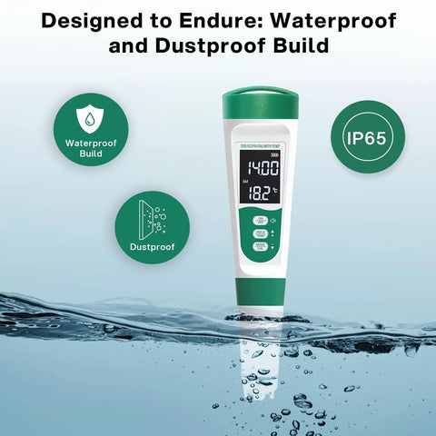 5 In 1 Digital PH Meter With Voice Function For Easy Water Quality Testing Including PH TDS EC Salinity And Temperature Waterproof Rechargeable Pen Built For Pools Aquariums Hydroponics And More showing IP65 waterproof and dustproof design.