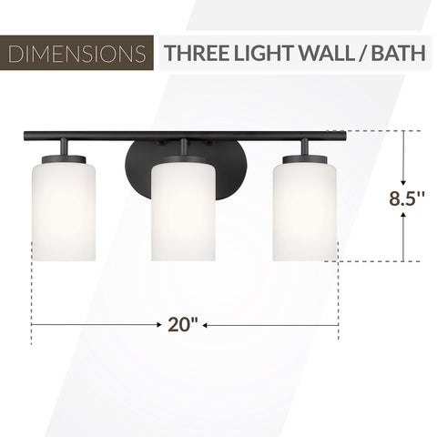 Oslo Three Light Wall Bath Vanity Light In Midnight Black Finish with dimensions 20 inches wide and 8.5 inches high