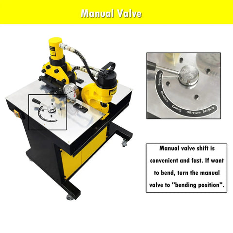 3 In 1 Hydraulic Busbar Cutter Bender Puncher Machine showing manual valve adjustment for bending.