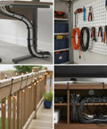 Heavy Duty Self Locking Nylon Cable Ties In Black used to secure cables under a desk, along a fence, and on a storage wall.