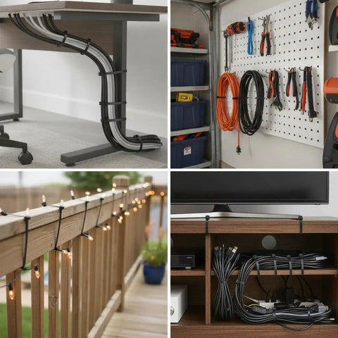 Heavy Duty Self Locking Nylon Cable Ties In Black used to secure cables under a desk, along a fence, and on a storage wall.