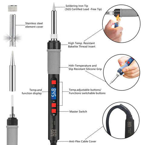 All In One Soldering Kit With 80W Adjustable Temperature Iron highlighting thermoplastic grip, digital display, and interchangeable tips.