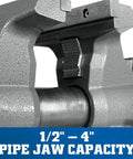Heavy Duty Mechanics Bench Vise 8 Inch Jaw Width 8.5 Inch Opening Built Tough With Ductile Iron Base shows ½" - 4" pipe jaw capacity.