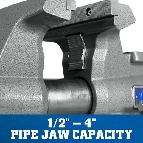 Heavy Duty Mechanics Bench Vise 8 Inch Jaw Width 8.5 Inch Opening Built Tough With Ductile Iron Base shows ½" - 4" pipe jaw capacity.
