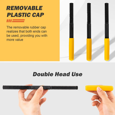 Three Piece Thread Repair Files Kit With Safety Caps For SAE And Metric Threads, All Purpose Thread Restorer Set For Screws Bolts And Plumbing, Covers UNF 9 32, UNC 11 24, And 0.75 To 3.00 Millimeter Metric Sizes, Durable Metal Construction, showing removable plastic caps.