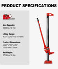 48 Inch Utility High Lift Farm Jack With Base Mate And Off Road Base Stand, shown with specifications in red design.