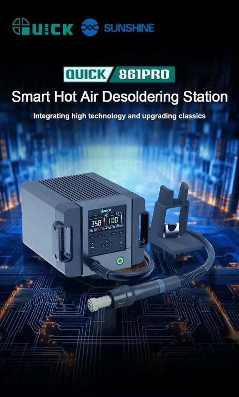 Hot Air Rework Station 1300W With AI Voice Control And Intelligent PID Temp on a tech-themed background with digital display.