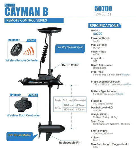Built Tough 12V 55 LB Electric Trolling Motor With 48 Inch Bow Mount Shaft for Boat Fishing with wireless remote specifications.