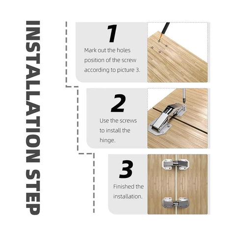Installation steps for Hidden Hinge For Frameless Cabinets Surface Mount Concealed Door Hinge with plated finish image.