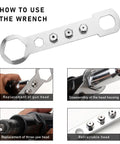 Instruction guide for using wrench with Electric Rivet Nut Gun Kit With Cordless Drill Attachment showing four steps.