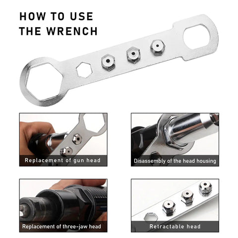 Instruction guide for using wrench with Electric Rivet Nut Gun Kit With Cordless Drill Attachment showing four steps.