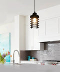 Vintage Iron Cage Pendant Light, Industrial Hanging Lamp Rustic, 47" above modern kitchen sink with flowers and art.