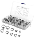 Stainless Steel Single Ear Hose Clamp Kit With 100 Pieces Stepless Sealing Design For Tight Fits And Leaks Prevention Perfect For Cars And Engines. 100-piece kit in plastic organizer