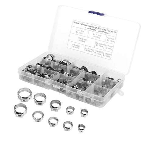 Stainless Steel Single Ear Hose Clamp Kit With 100 Pieces Stepless Sealing Design For Tight Fits And Leaks Prevention Perfect For Cars And Engines. 100-piece kit in plastic organizer