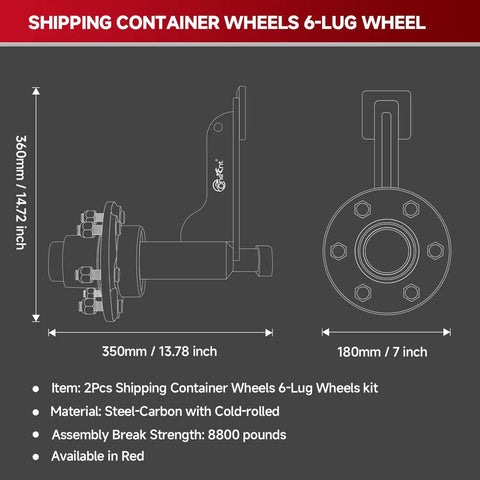 Dimensions and specifications of Heavy Duty 6 Lug Shipping Container Wheel Kit With Axles And Ratchet Tie Down Straps For 20 To 40 Foot Containers