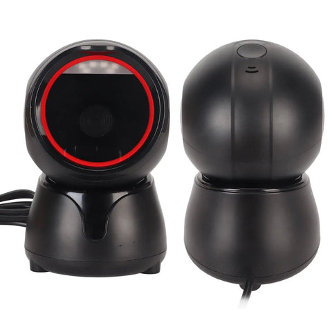 Desktop Barcode Scanner With Global Shutter And Big Window LED Indicator And Prompt Tones 2D QR And Barcode Reader For Retail Market Bank Or Store Environments, front and back view