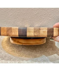 Side view of Vintage Handmade Multiwood Lazy Susan Charcuterie Board And Revolving Table Tray for non slip kitchen use.