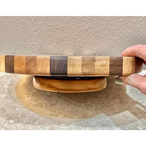 Side view of Vintage Handmade Multiwood Lazy Susan Charcuterie Board And Revolving Table Tray for non slip kitchen use.
