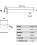 Technical diagram of Extra Long Brass Shower Extension Arm 16 Inch Chrome Finish showing dimensions and materials