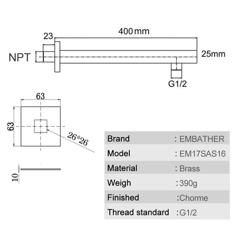 Technical diagram of Extra Long Brass Shower Extension Arm 16 Inch Chrome Finish showing dimensions and materials