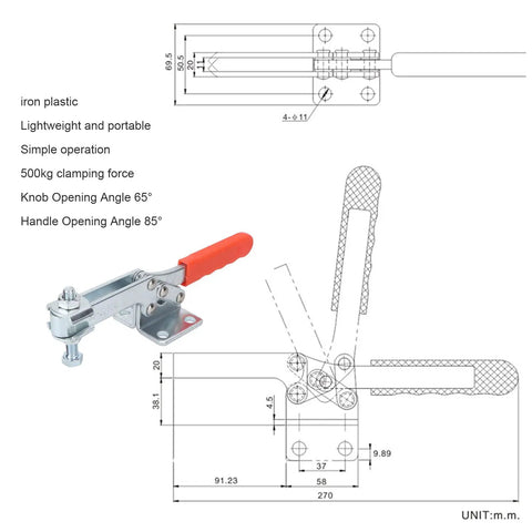 Heavy Duty Toggle Clamp With Arrow Storage Case, 500 Kg Clamping Force, Iron Horizontal Clamp For Welding, 65 Degree Knob