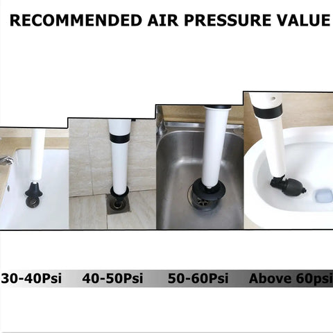 Heavy Duty Air Plunger For Toilet And Drain Unclogger With 80 Psi Power Toilet Auger And Drain Snake in use at various pressures