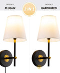 1 Light Wall Sconce With Plug In Cord And White Fabric Shade In Matte Black Finish Easy Install Wall Mount Vanity Lamp For Bathroom Or Bedroom Can Be Hardwired Or Plug In Transitional Style, showing plug-in and hardwired options.