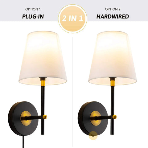 1 Light Wall Sconce With Plug In Cord And White Fabric Shade In Matte Black Finish Easy Install Wall Mount Vanity Lamp For Bathroom Or Bedroom Can Be Hardwired Or Plug In Transitional Style, showing plug-in and hardwired options.