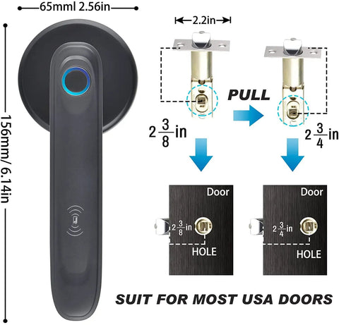 Fingerprint Door Lock With App Control And Keyless Entry Handle dimensions and installation guide for US doors.
